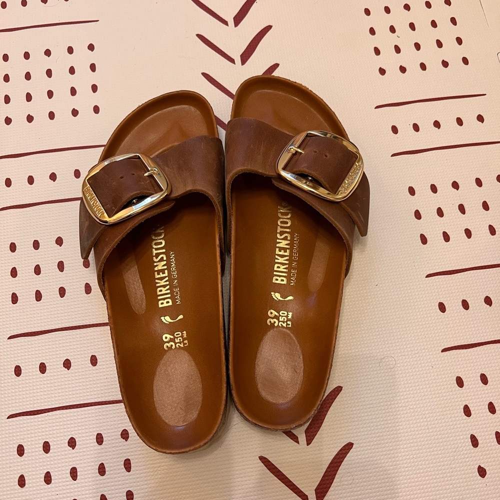 Birkenstock Brown Leather Madrid Single Strap Sandals with Gold Buckles